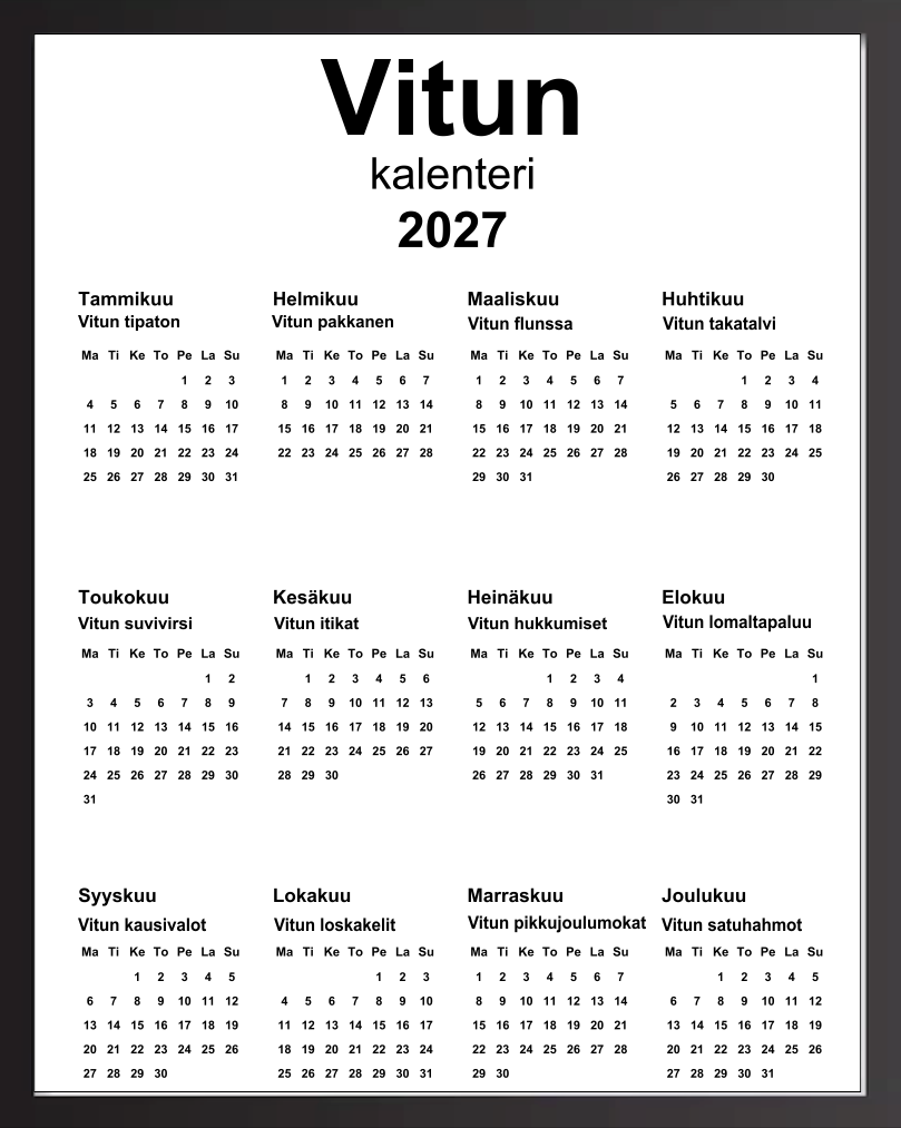 Vitun kalenteri 2027, taulu